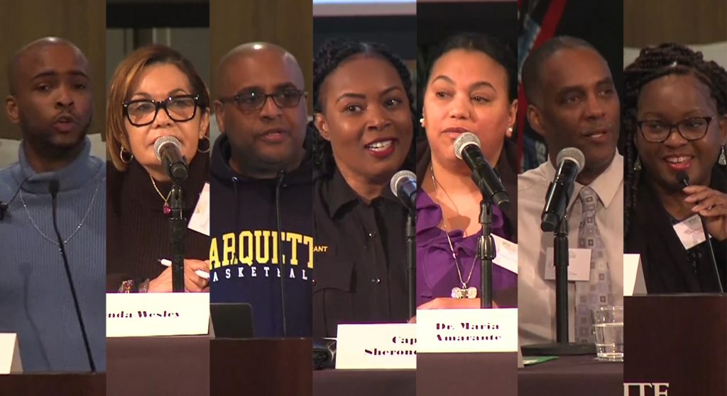 A split-screen image of Brooks Griffin, Reggie Jackson, Brenda Wesley, Dr. Maria Amarante, Thomasina Jenkins, Helen Bader, Captain Sheronda Grant, and Brenda Wesley speaking at the WISE coalition meeting.