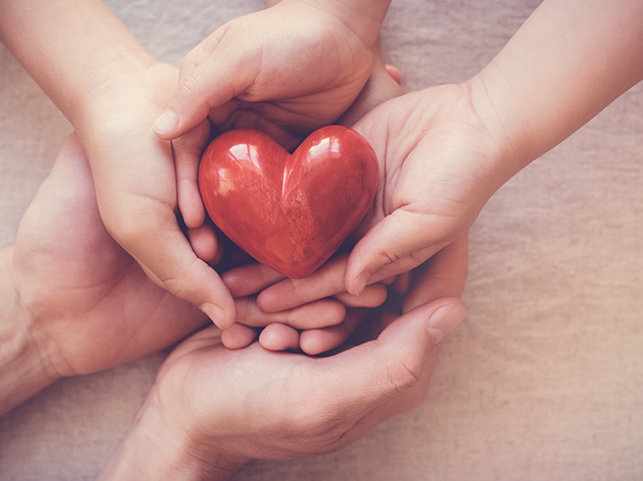 Multiple hands gently cradling a red heart, signifying care and compassion.