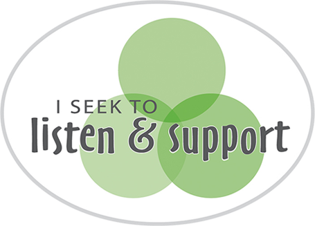 A decal titled 'The Safe Person 7 Promises' displaying the text 'I seek to listen & support', accented by overlaying green circles in the background.